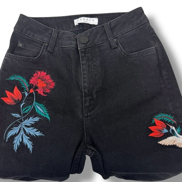 Sandro Embroidered Jeans Paris Vegas Rose Straight leg EU size 34 waist 24in EUC - Picture 1 of 13